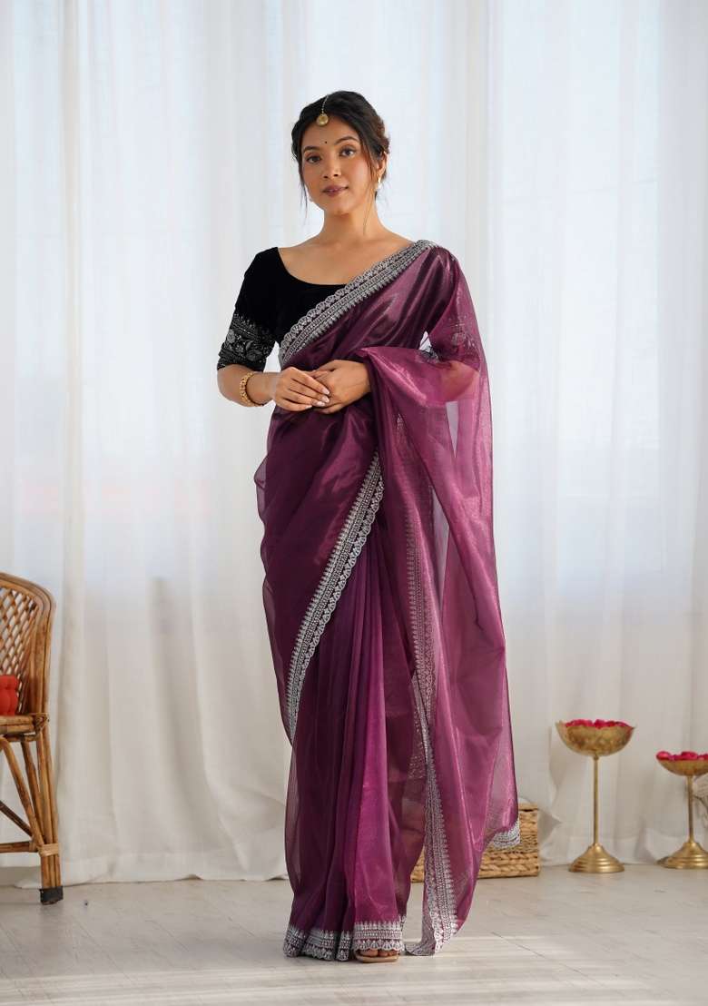Wine Embroidered Net Saree Set - Indya