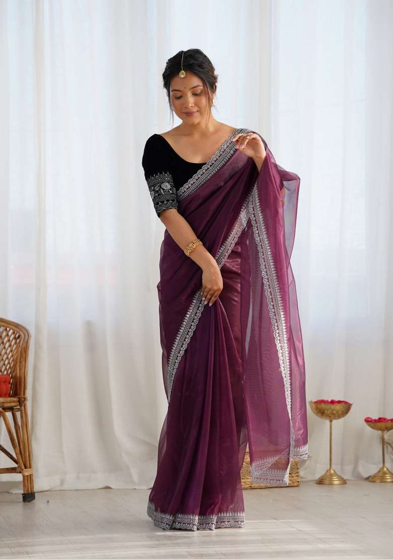 Wine Embroidered Net Saree Set - Indya