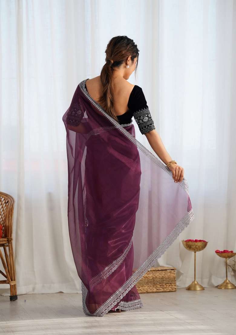 Wine Embroidered Net Saree Set - Indya