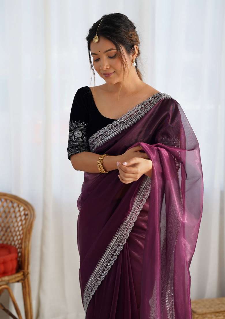 Wine Embroidered Net Saree Set - Indya