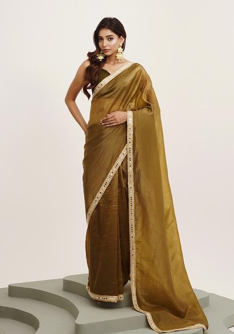 Green Embroidered Tissue Saree Set — view on Indya