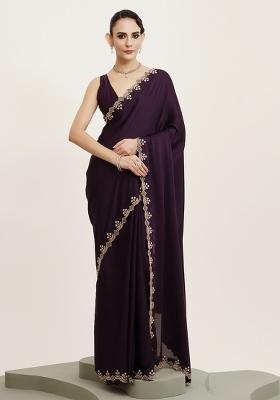 Purple Embroidered Satin Saree Set