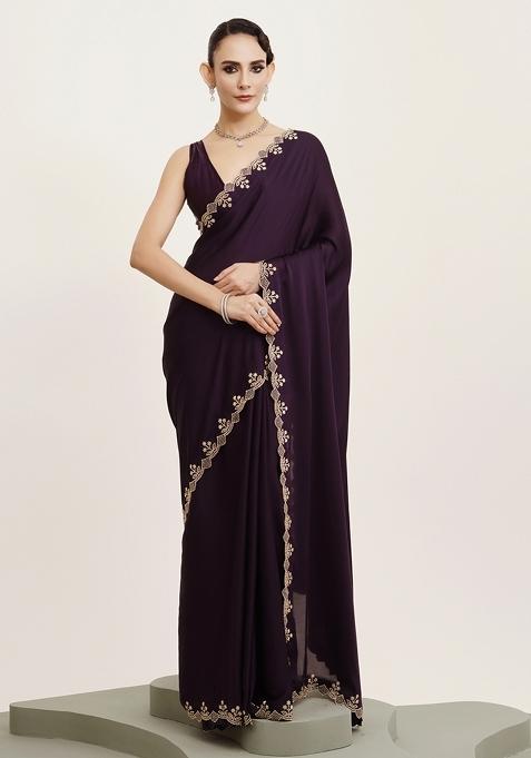 Purple Embroidered Satin Saree Set