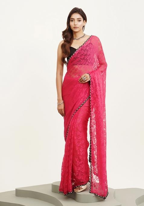 Pink Embroidered Blended Saree Set