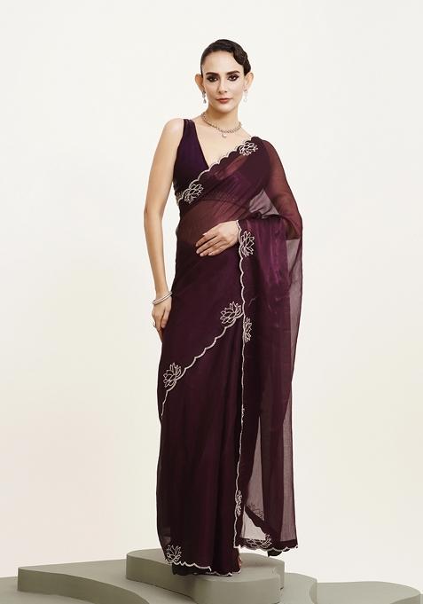 Purple Embroidered Chiffon Saree Set