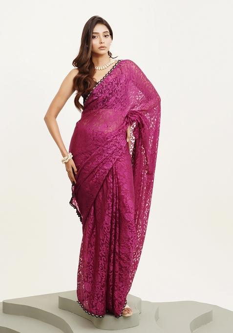 Pink Embroidered Blended Saree Set