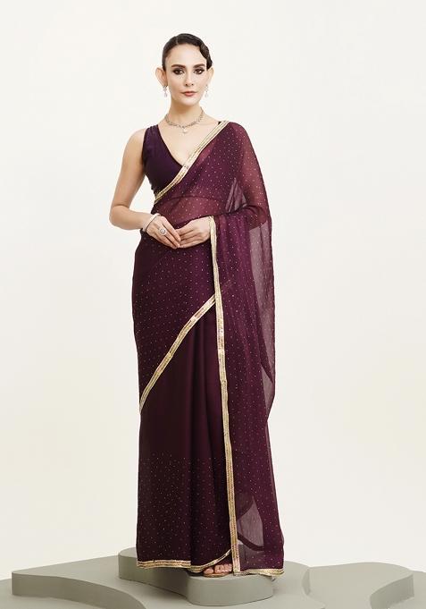 Purple Embroidered Chiffon Saree Set