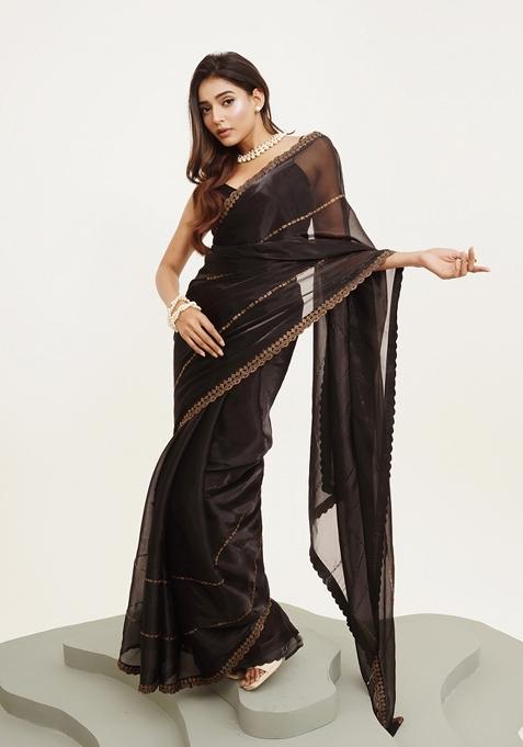 Black Embroidered Organza Saree Set