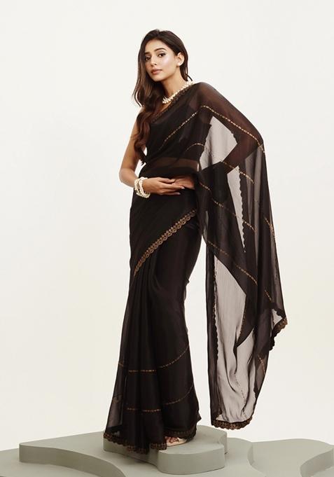 Black Embroidered Organza Saree Set