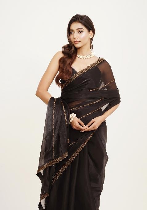 Black Embroidered Organza Saree Set