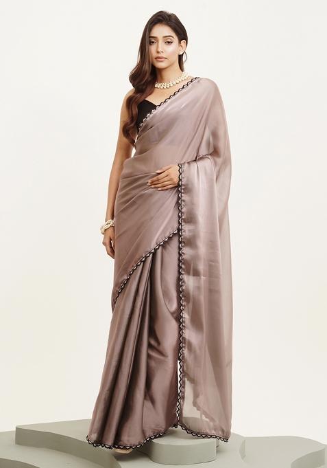 Grey Embroidered Silk Saree Set