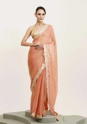 Peach Embroidered Satin Saree Set