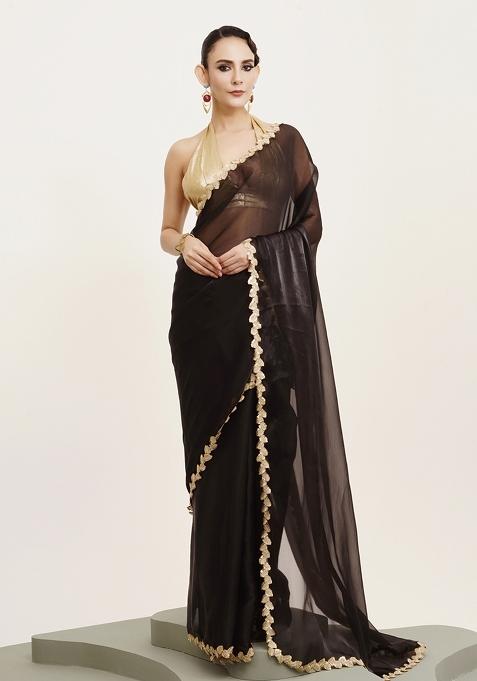 Black Embroidered Organza Saree Set