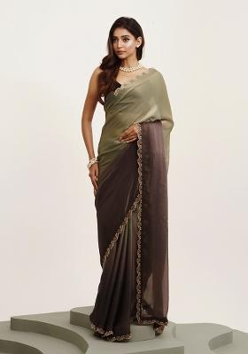 Grey Embroidered Satin Saree Set
