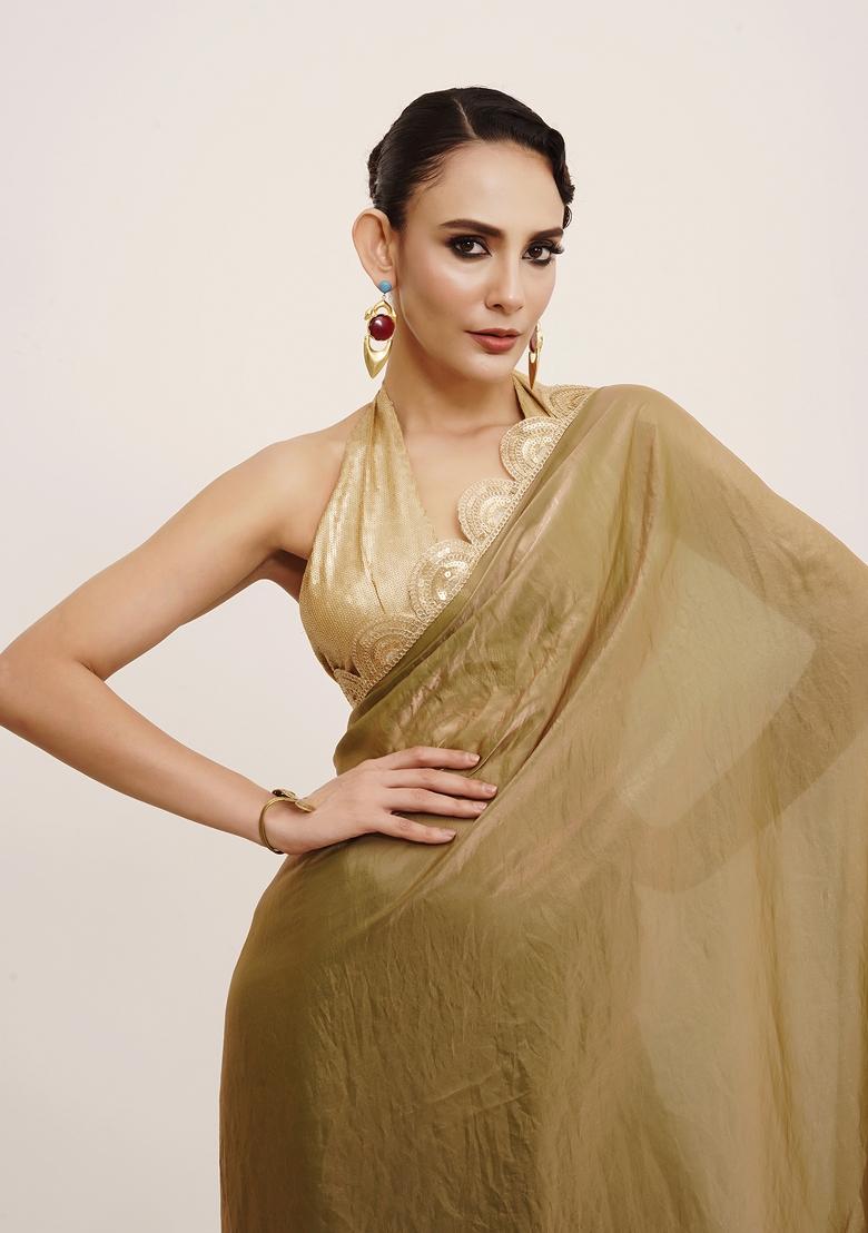 Green Embroidered Tissue Saree Set - Indya