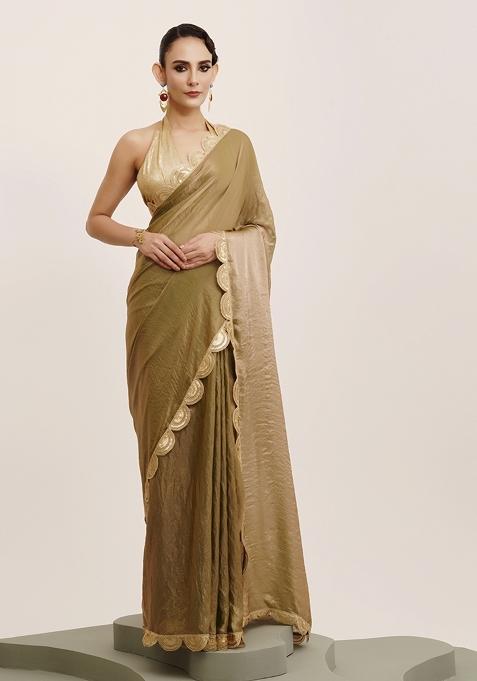 Green Embroidered Tissue Saree Set