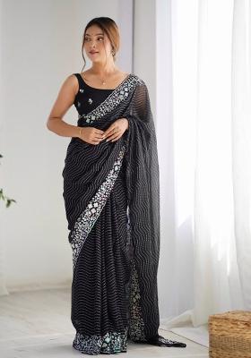 Black Embroidered faux georgette Saree Set