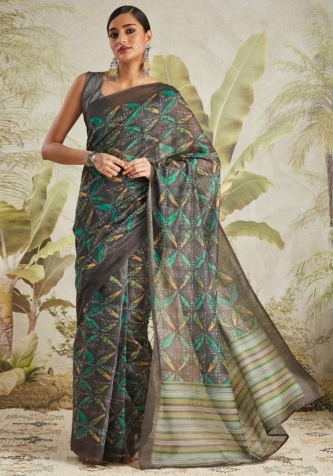 Black Printed chanderi Saree Set