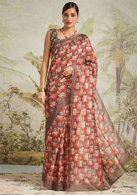 Brown Printed chanderi Saree Set