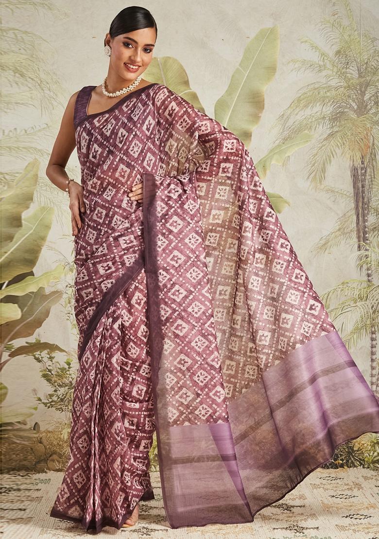 Wine Printed chanderi Saree Set