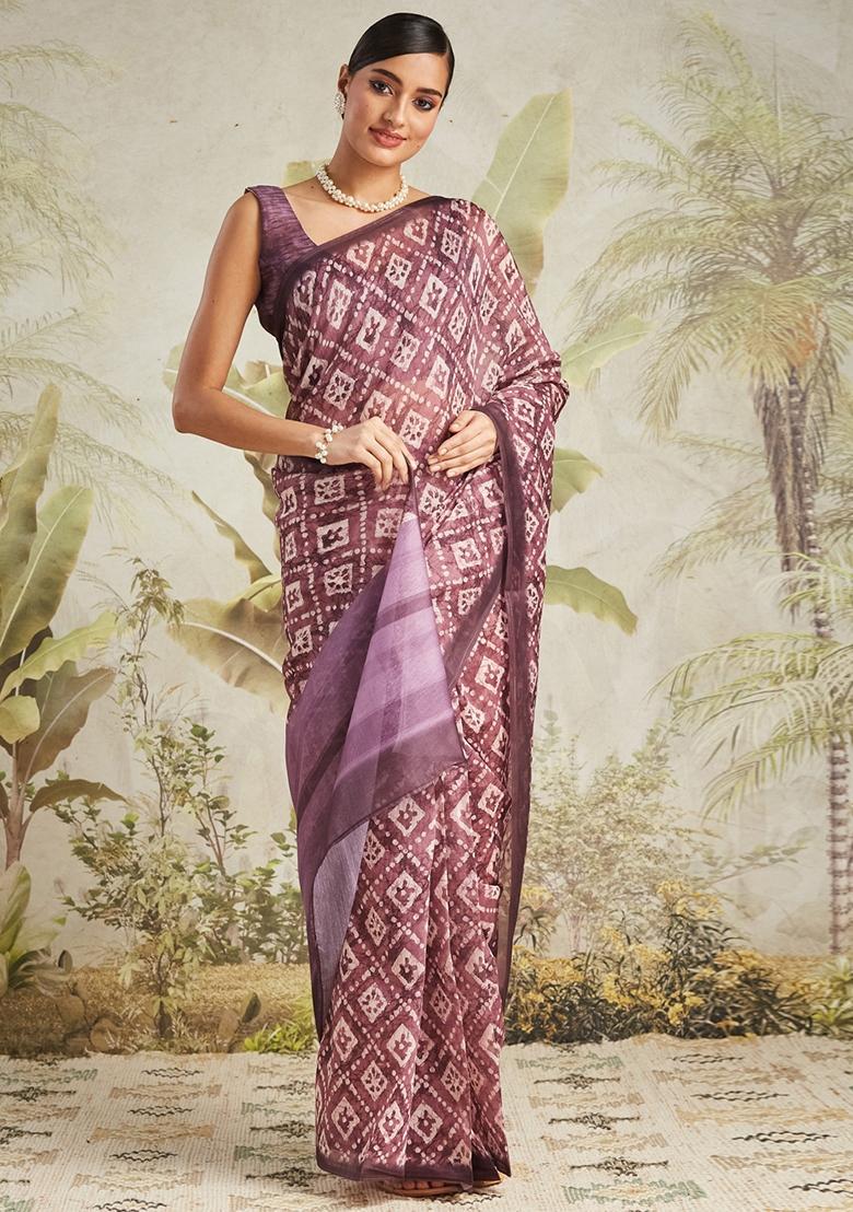 Wine Printed chanderi Saree Set