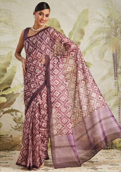 Wine Printed chanderi Saree Set
