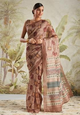 Brown Printed chanderi Saree Set