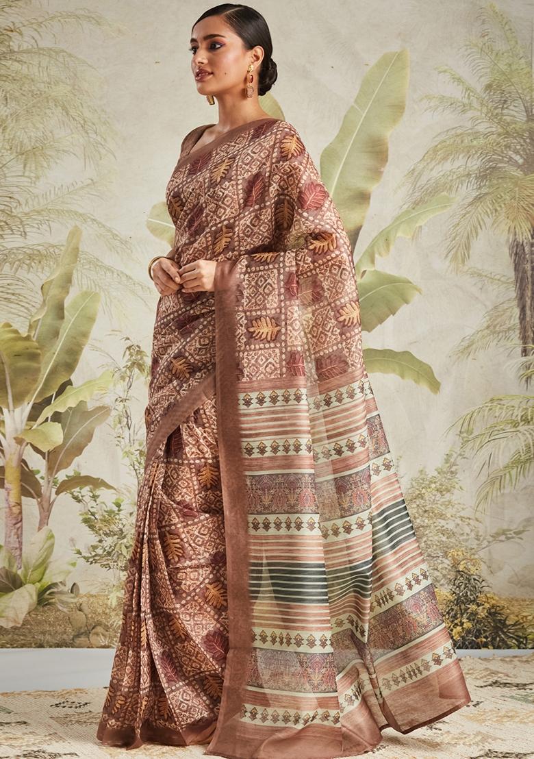 Brown Printed chanderi Saree Set - Indya