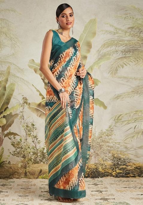 Green Printed chanderi Saree Set