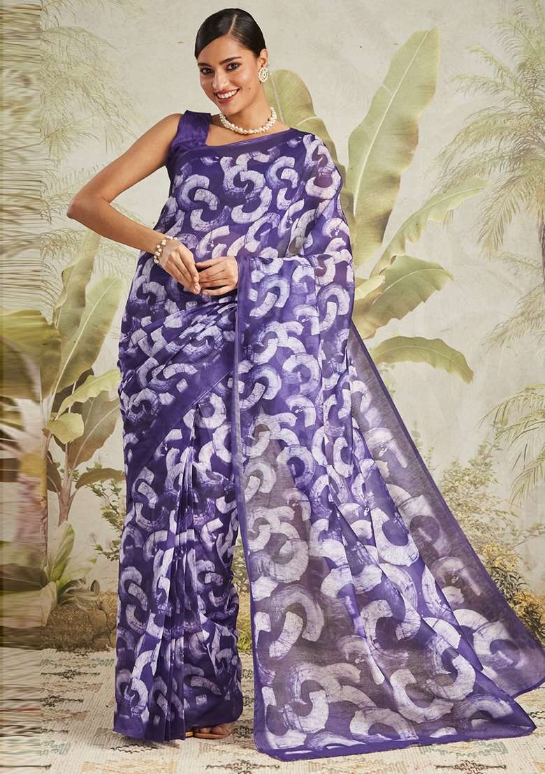 Purple Printed chanderi Saree Set - Indya
