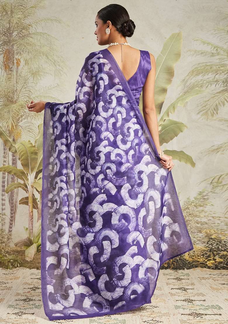 Purple Printed chanderi Saree Set - Indya