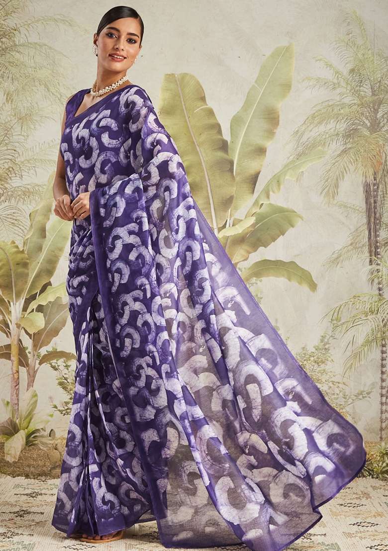 Purple Printed chanderi Saree Set - Indya