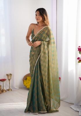 Green Embroidered Chiffon Saree Set