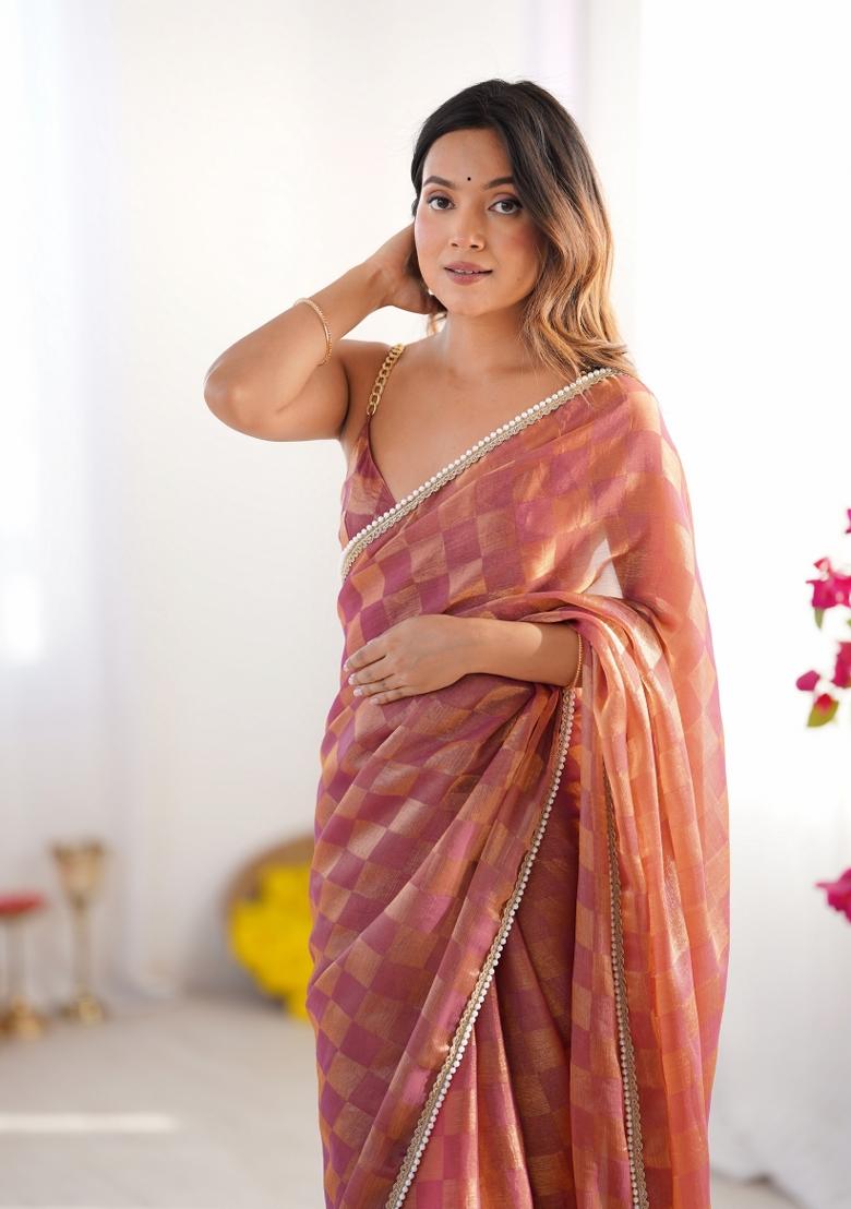 Brown Embroidered Chiffon Saree Set - Indya