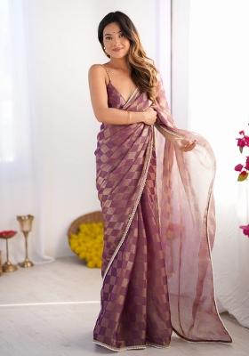 Purple Embroidered Chiffon Saree Set