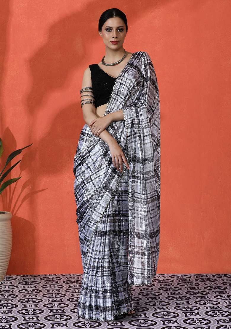 Beige Printed Chiffon Saree Set for Diwali and Festive Wear - Indya
