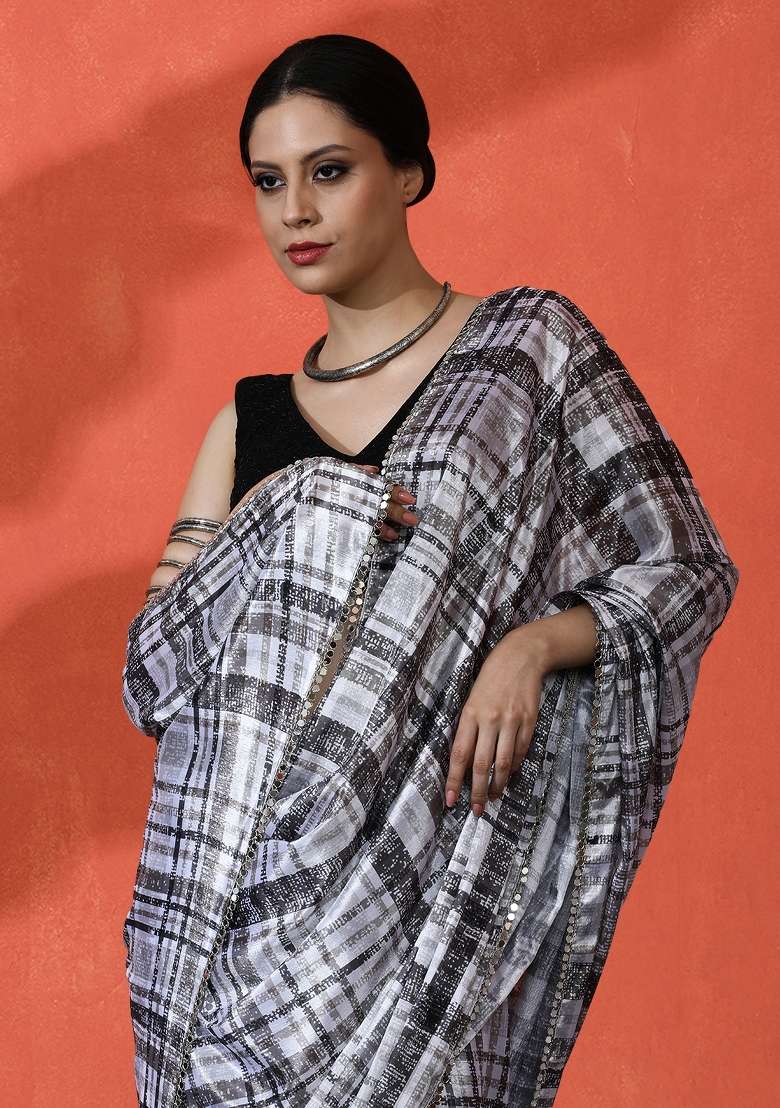 Beige Printed Chiffon Saree Set for Diwali and Festive Wear - Indya
