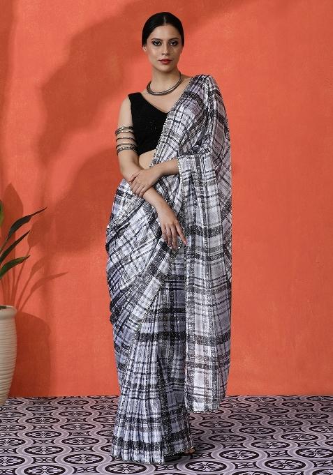Beige Printed Chiffon Saree Set