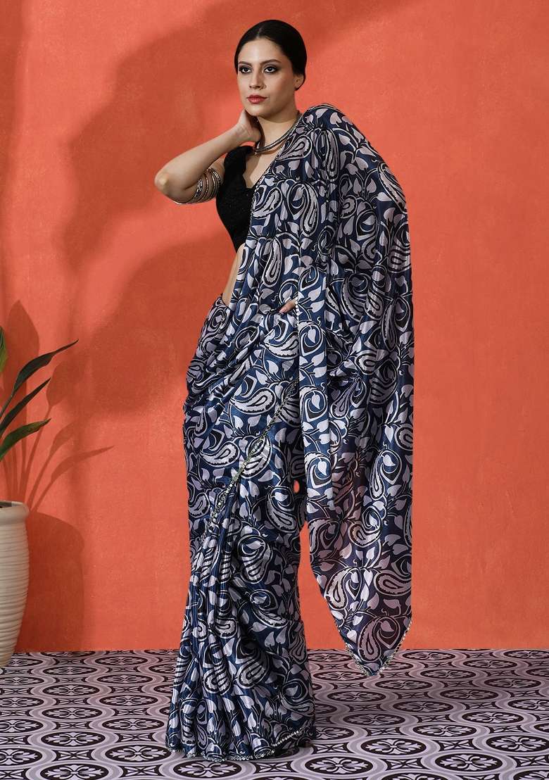 Blue Chiffon Saree Set with Printed for Diwali | Wedding & Festive Wear - Indya