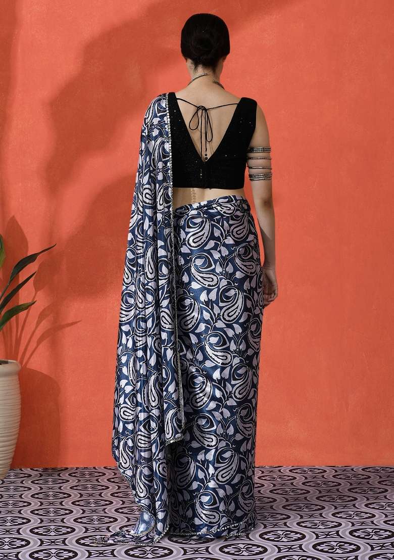Blue Chiffon Saree Set with Printed for Diwali | Wedding & Festive Wear - Indya