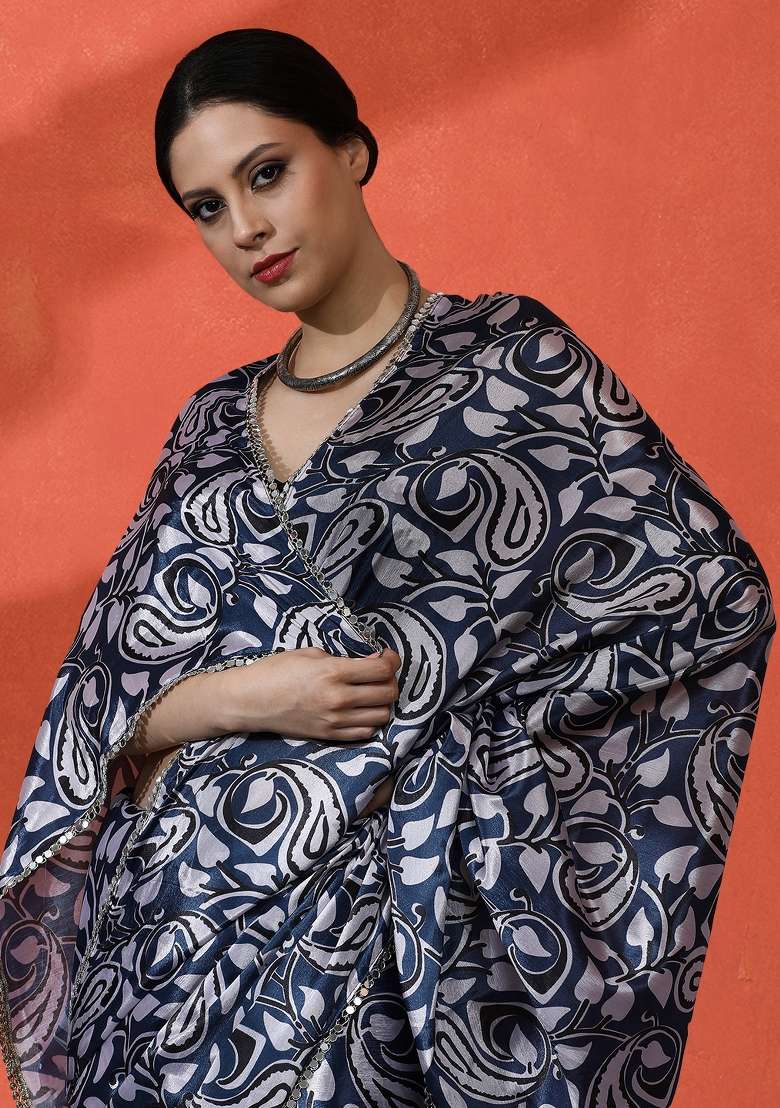 Blue Chiffon Saree Set with Printed for Diwali | Wedding & Festive Wear - Indya