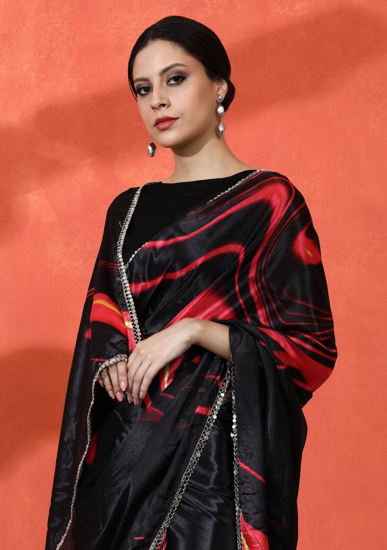 Black Printed Chiffon Saree Set - Indya