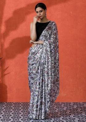 Beige Printed Chiffon Saree Set