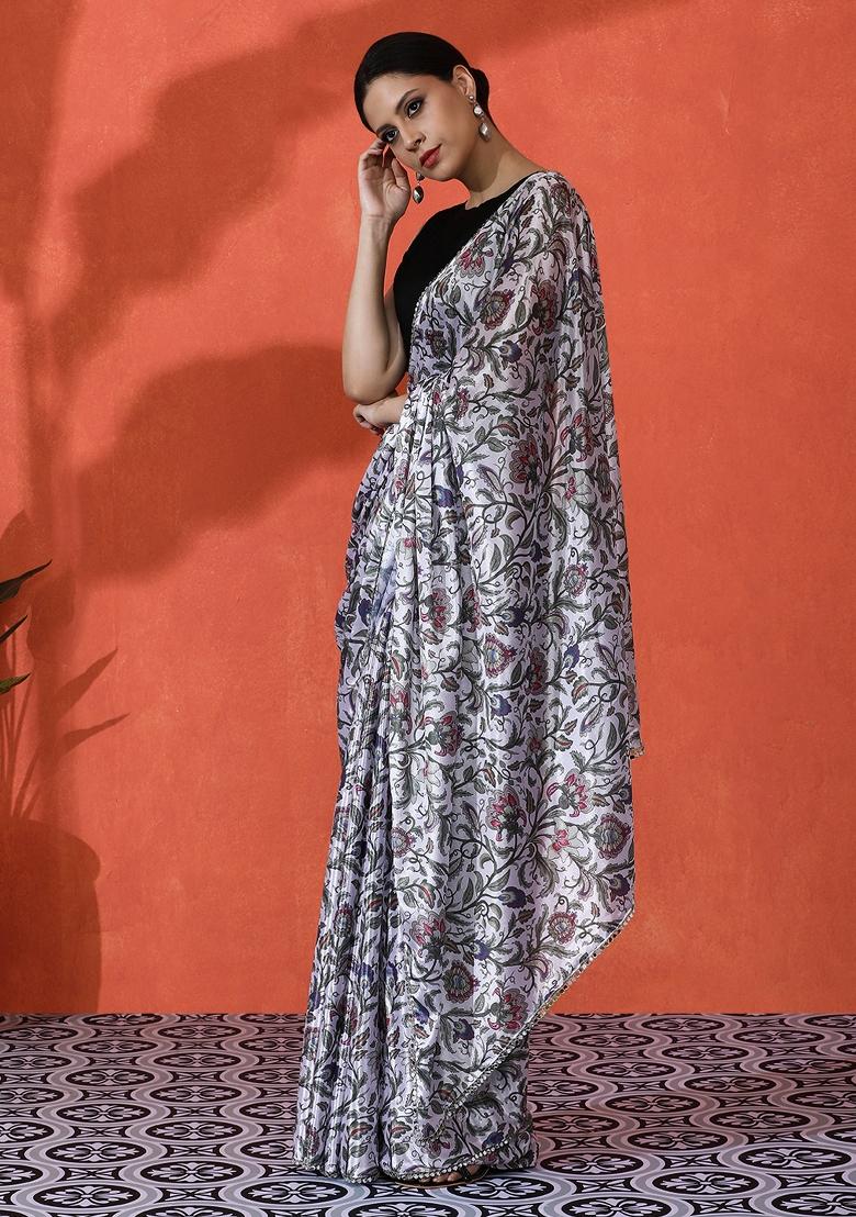 Beige Printed Chiffon Saree Set - Indya