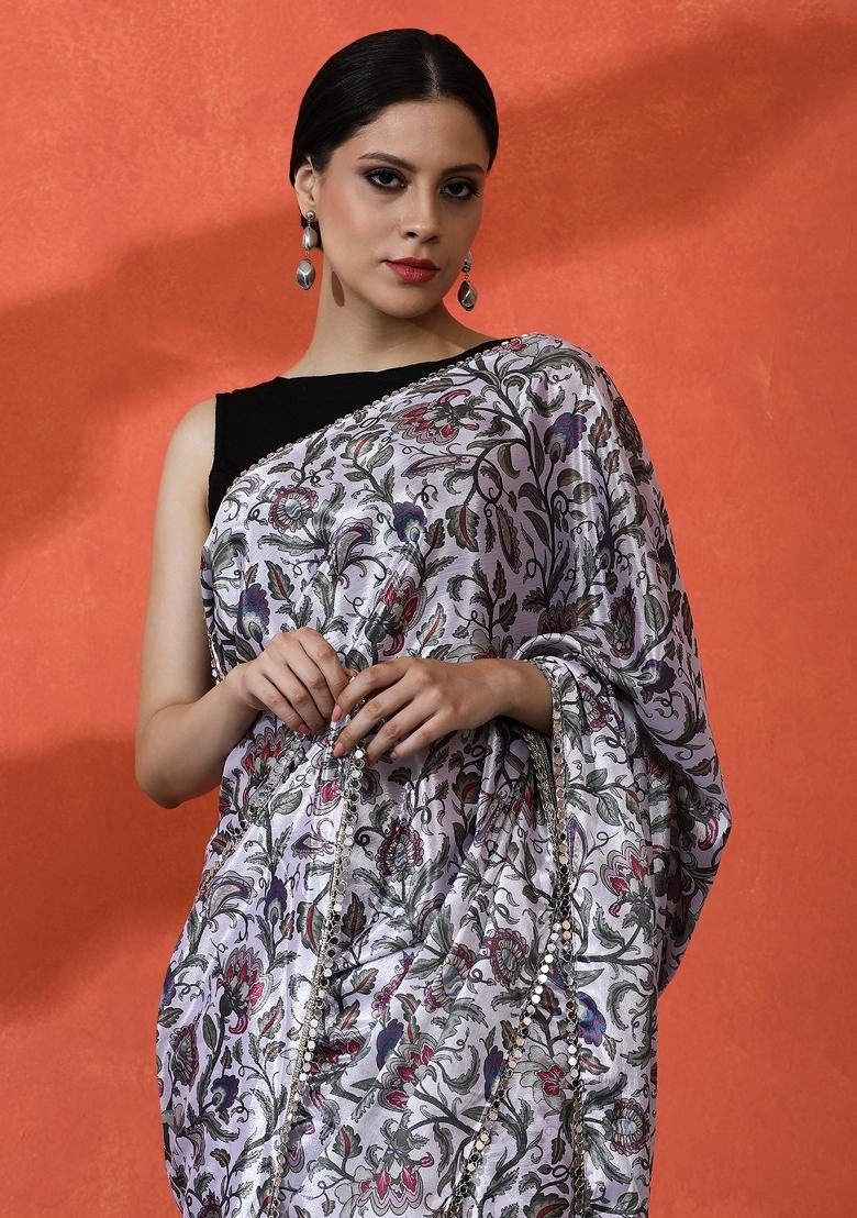 Beige Printed Chiffon Saree Set - Indya