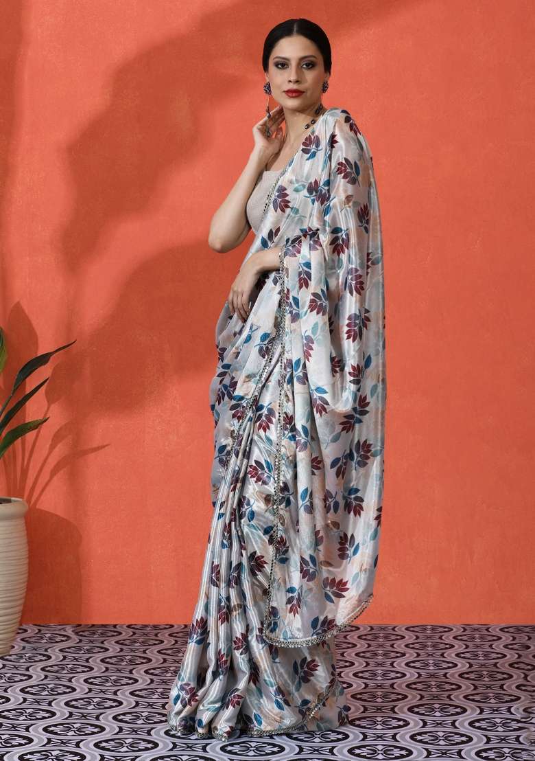 Beige Printed Chiffon Saree Set for Diwali and Festive Wear - Indya