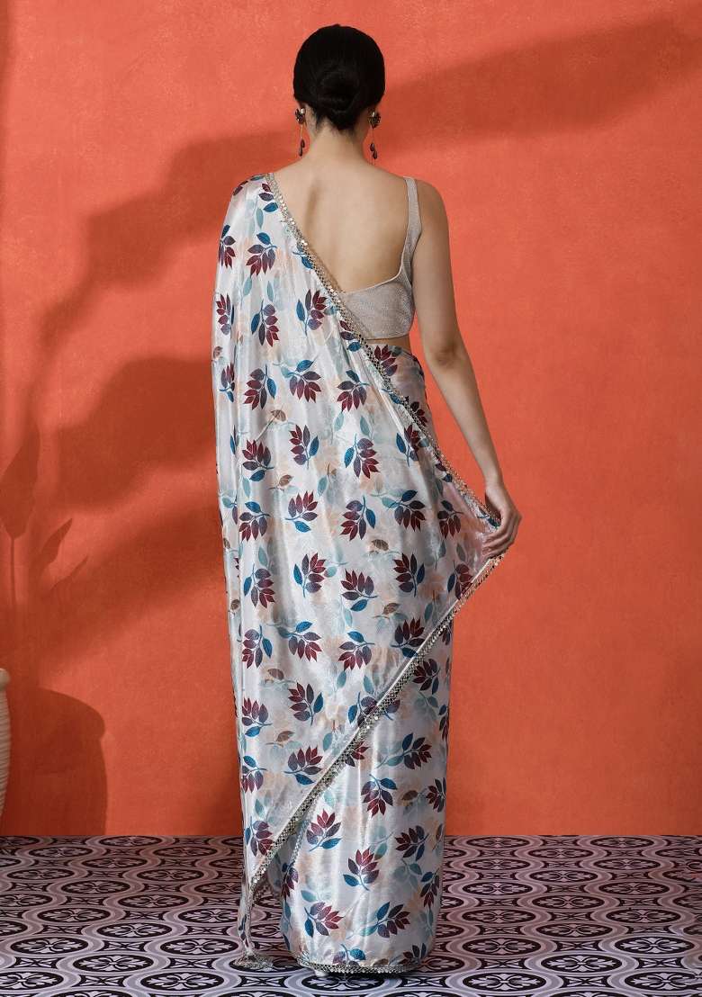 Beige Printed Chiffon Saree Set for Diwali and Festive Wear - Indya