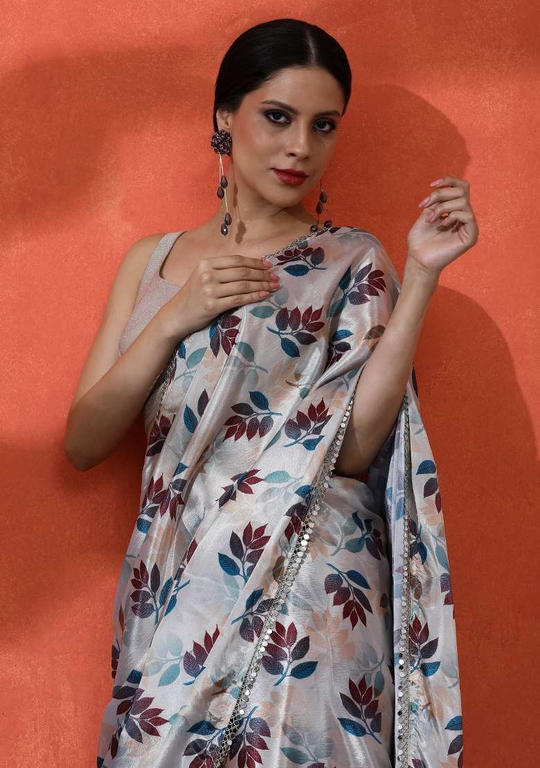 Beige Printed Chiffon Saree Set for Diwali and Festive Wear - Indya
