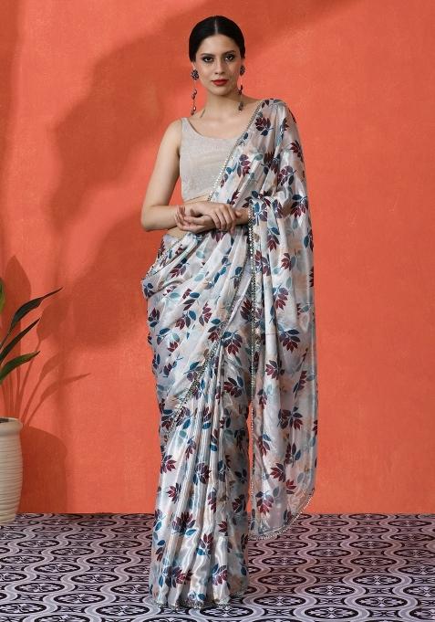 Beige Printed Chiffon Saree Set