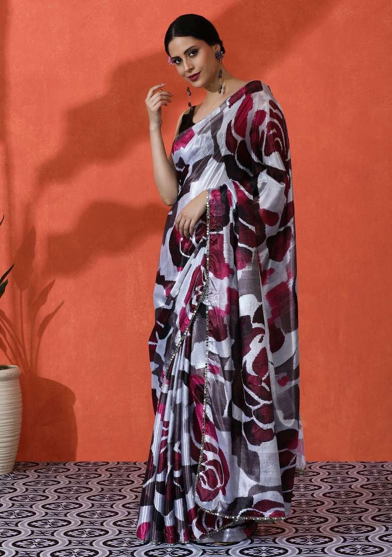 Beige Chiffon Saree Set with Printed for Diwali | Wedding & Festive Wear - Indya